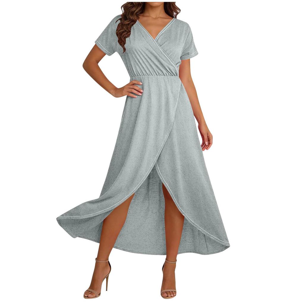 Women's Elegant Loose-Fit V-Neck Short-Sleeve Flowing Resort Dress