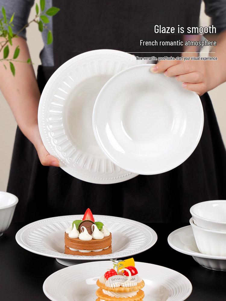 French White Embossed Ceramic Plate Set - Creative Pumpkin Soup & Breakfast Plates