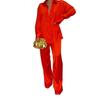 Completo da Donna in Raso a 2 Pezzi, Top a Manica Lunga con Collo a Camicia con Pantaloni Larghi a Gamba Dritta, Outfit Casual Monocolore