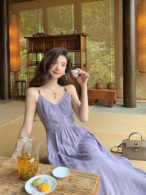 Dopamine Stunning Purple Suspender Dress Women's Summer Dating Island Side Vacation Waist Beach Skirt