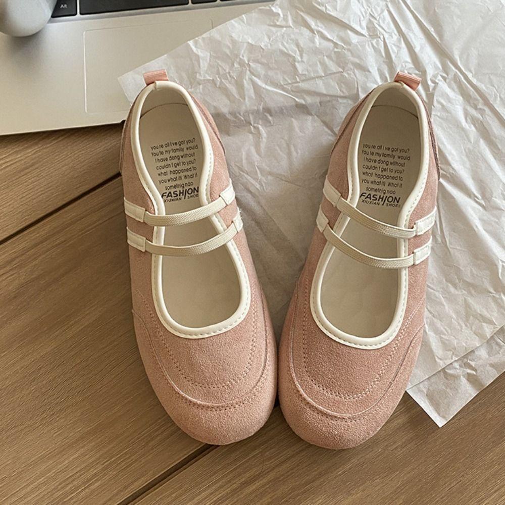 

Color Blocking Mary Jane Shoes Women s Synthetic Leather Anti-slip Round Toe Flat Shoes Streetwear Ballet Style Single Shoes 34EU/CN35 розовый