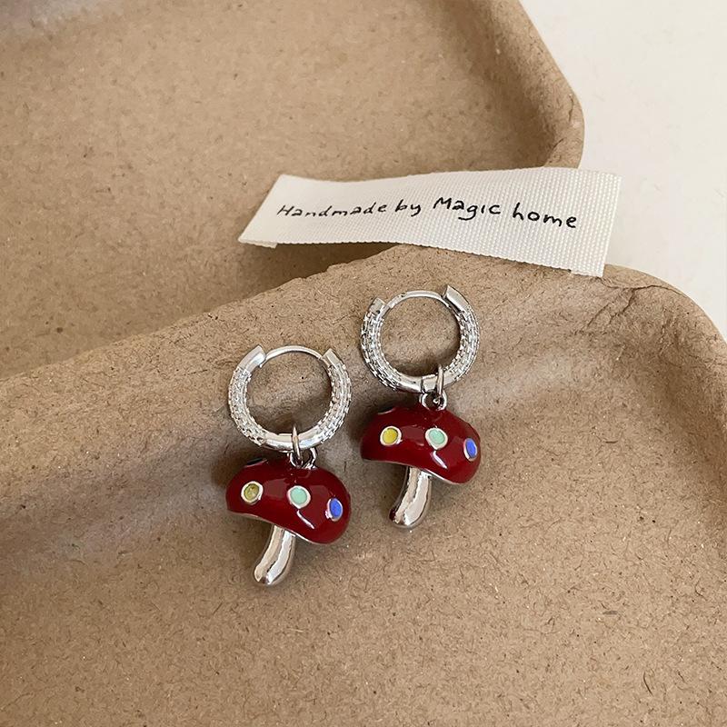 Color Diamond Red Oil Dripping Mushroom Ear Buckle Women'S Retro Light Luxury Personality Exquisite Elegance Fashion Versatile Earrings