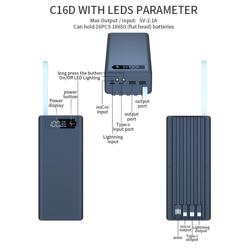 C16D 5V USB כפול USB 16*18650 מארז Power Bank C16D עם 4 חוטים LEDs תאורת עשה זאת בעצמך קופסה ניתנת להסרה QC3.0 טעינת סוללה קופסאות אחסון