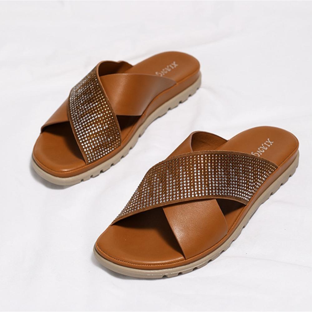 Slippers for Women 2026 New Flat Sandals Summer Rhinestone Comfortable Low Heel Slippers for Womens Luxury Sandals Ladies Shoes