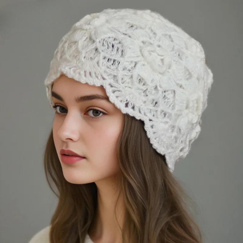 Spring Autumn Handmade Knitted Hat Women Fashion Solid Color Lace All-match Woolen Hats Temperament Elegant Ladies Beanie