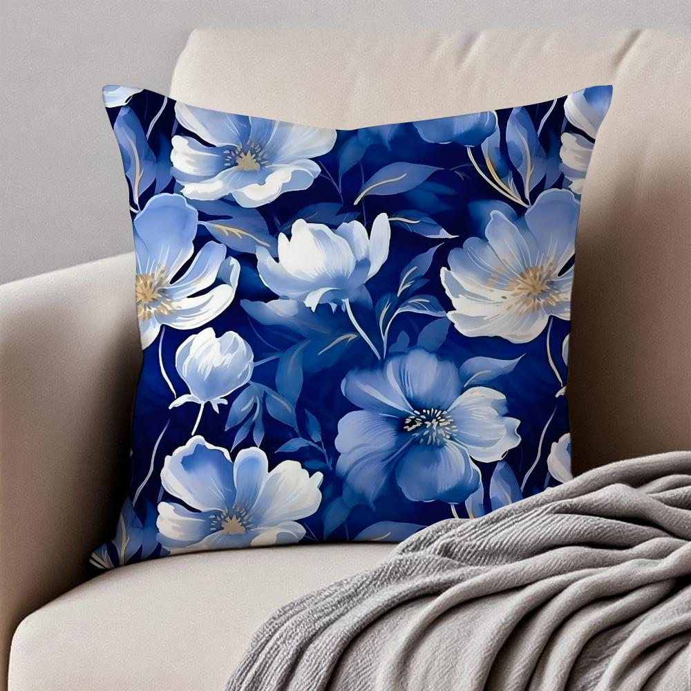 Ethnic Style Blue Floral Pattern Printing Cushion Cover Pillowcase Antidustmite Invisible Zipper Short Plush Sofa Cushion