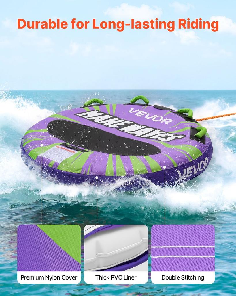 Towable Tubes for Boating, 2-Rider Inflatable Boat Tubes and Towables, 154kg Capacity Water Sport Tube for Boat to Pull - with Anti-Slip Pad, Full