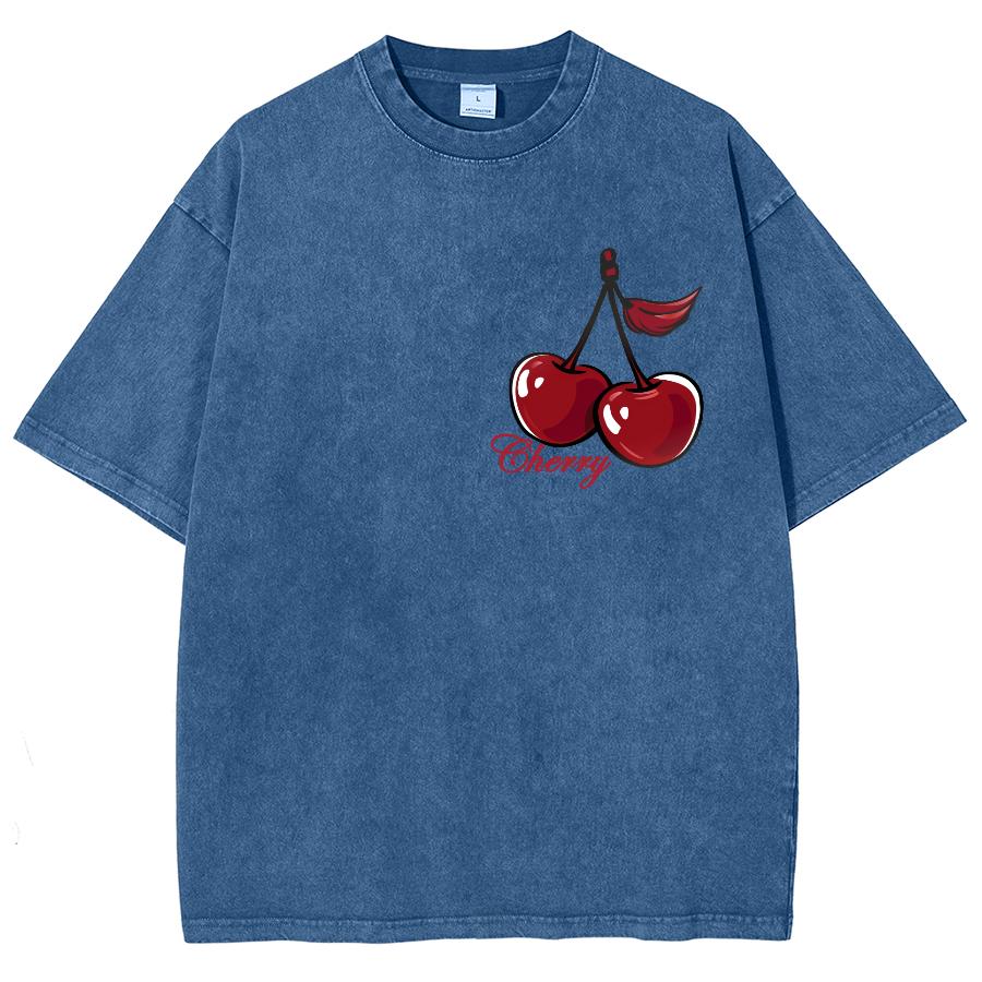 Cherry Print Wash Women's T-Shirt Oversized Loose Retro Short Sleeve Unisex Sweet Casual Fashion Top Base Tee