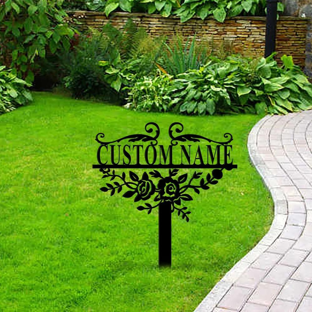 Custom Metal Garden Plaque, Personalized Garden Sign, Floral Garden Spike, Outdoor Address Marker, Wall Art