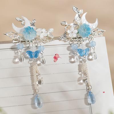 Vintage Haarspange Mondförmige Pony-Haarnadel Chinesische Hanfu Haaraccessoires Blaue Blume Haarspangen Antiker Hochzeitshaarschmuck