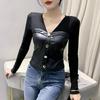 V-Ausschnitt Leo-Print T-Shirt Damen Langarm Temperament Mode Top PU-Spleißung Fake Zweiteiler Unterhemd Herbst