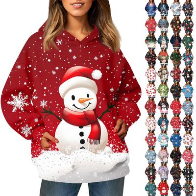 Women's Fashion Long Sleeve Pullover Christmas Snowman Snowflake Print Hooded Pocket Sweatshirt