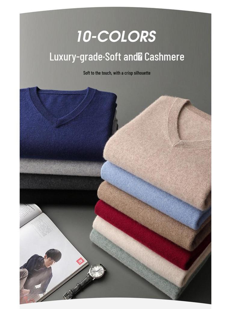 Men's V-Neck Cashmere Sweater, Plus Size, Long Sleeve, Solid Color, Wool Knit, 2023 Autumn/Winter Collection.