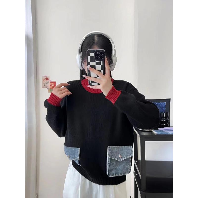 Autumn new contrasting color design sense splicing denim pocket knitted sweater top loose versatile sweater pullover women