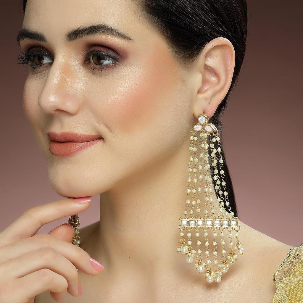 Pearl Chain Kundan Drop Earrings for Women