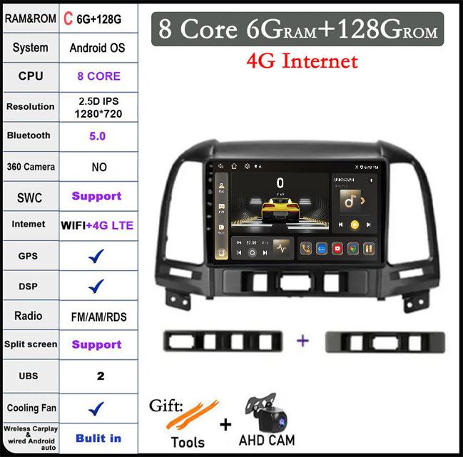 QLED IPS DSP Android 14 For Hyundai Santa Fe 2 2006-2012 Car Wifi 4G Auto Player Radio Multimedia Video Player Navigation