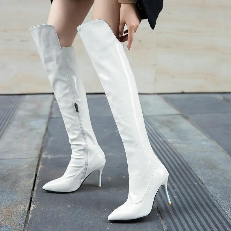 Fashion Super high heel heel women's boots patent leather bright leather shoes winter high leg over knee boots steel tube dancing shoes