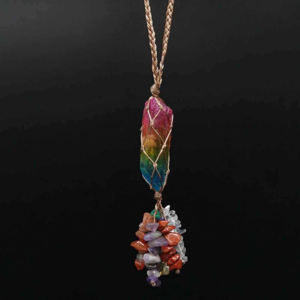Natural Crystal Column Woven Mesh Pocket Pendant Car Hanging Bag Accessories G15