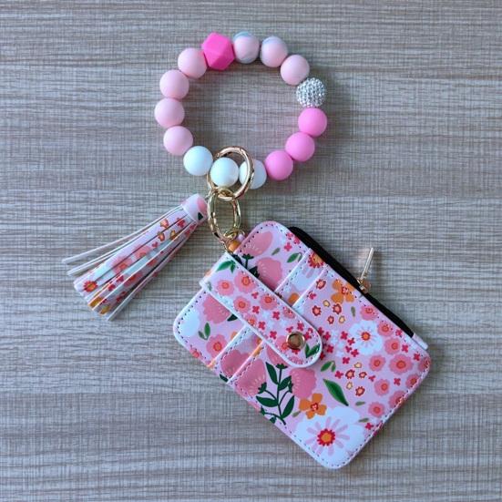 Ladies Floral Wristlet Wallet Boho Style Coin Purse Keychain with Tassel Elastic