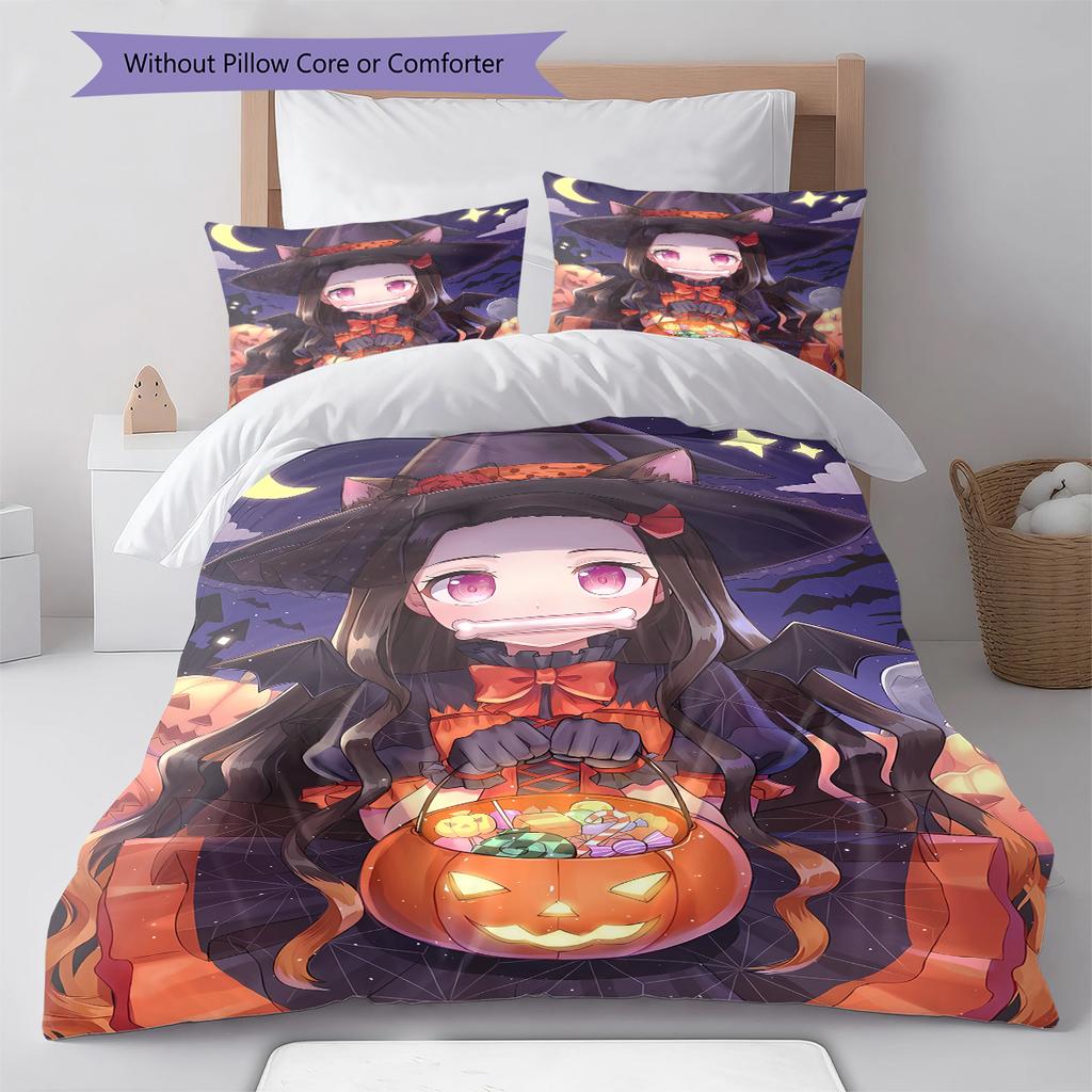 Demon Slayer Pattern Bedding,Quilt Set Quilt Cover Pillowcase Home Birthday Gift (1 * Duvet Cover + 2 * Pillowcase, Without Core)