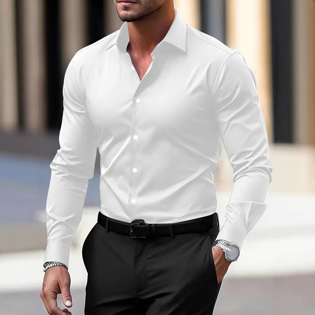 Men Casual White Shirt Brand Fashion Solid Color Long Sleeve Elastic Fabric Male Business Dress Shirt