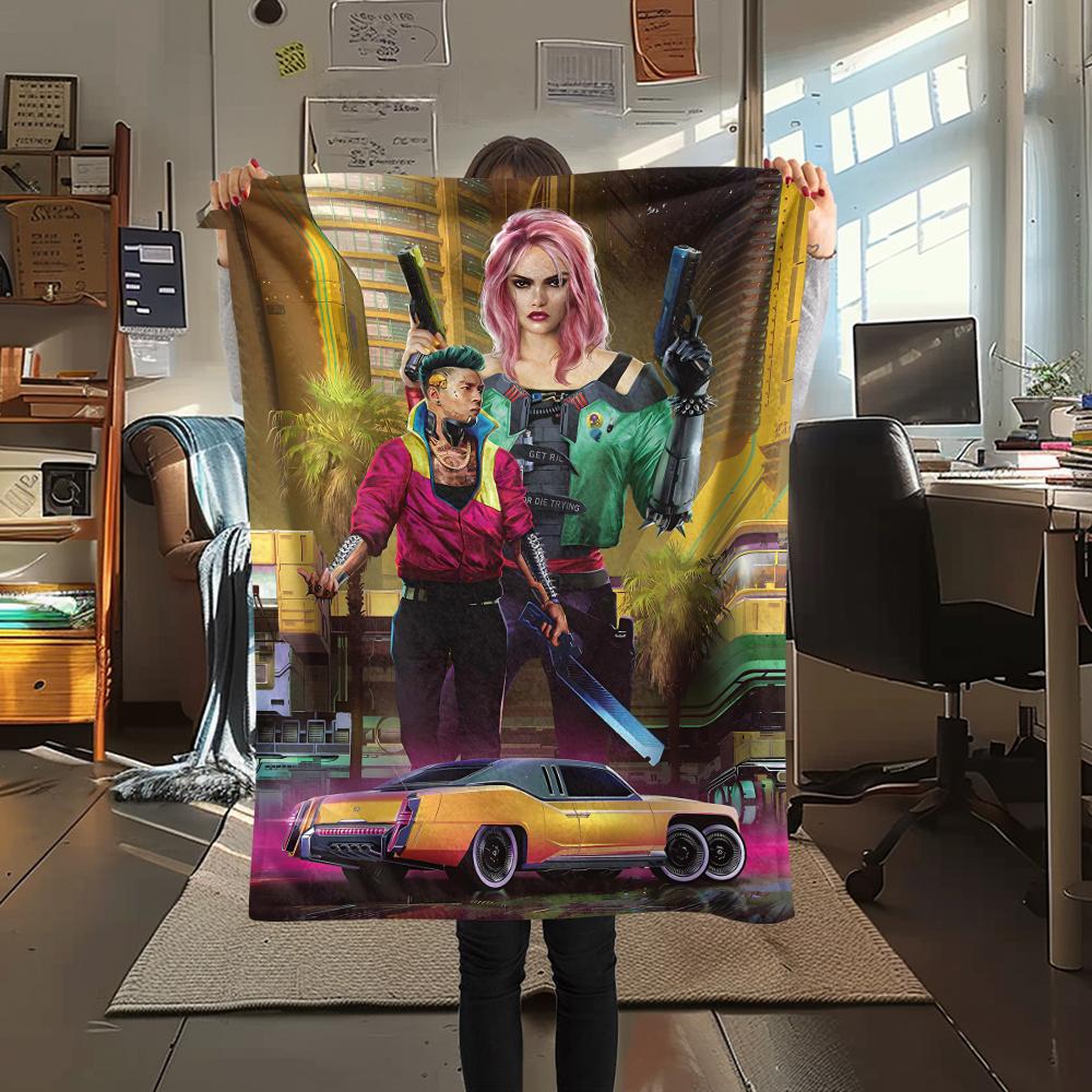 1Pc Cyberpunk Print Flannel Blanket, High quality Comfortable for All Seasons, Home Decor, Warmth and Comfort, Perfect for Christmas Gifts