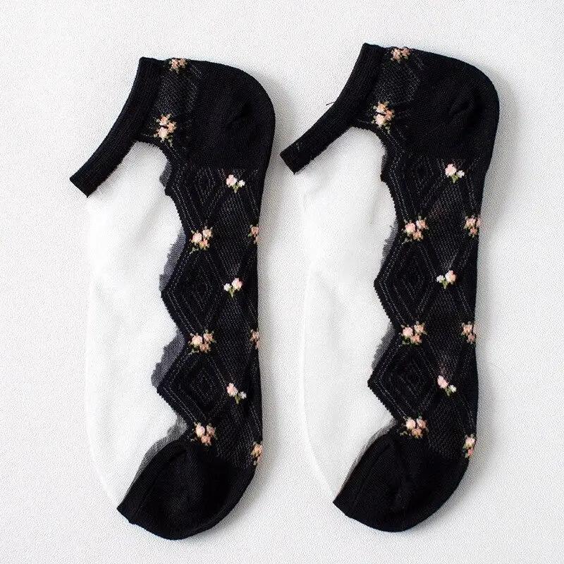 1 Stück Damenmode Sommer Glasstrümpfe Damen Dünne Strümpfe Kleine Blumenkarte Seidensocken Transparente Farbe Baumwollsocken