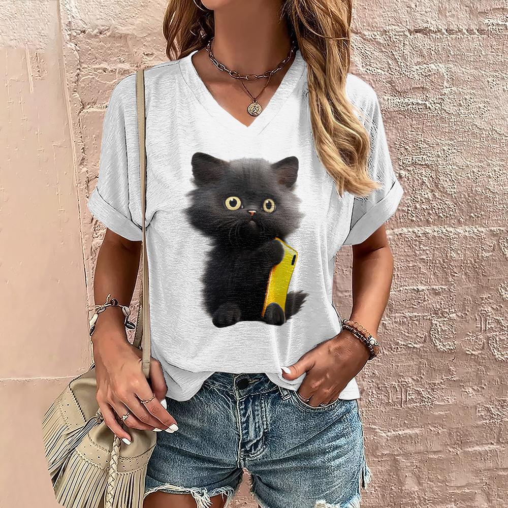 Summer Women's T Shirt Cat Print Casual Short Sleeve 3D T-Shirts Fashion Street Wear V-Neck Pullover Female Oversized Clothing