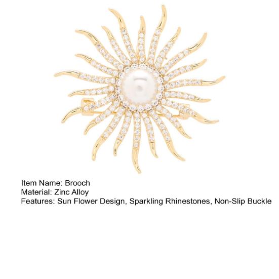 Women Brooch High-Gloss Rhinestone Faux Pearl Inlay Sparkling Sun Flower Design Lapel
