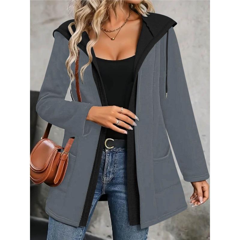 Women S Casual Hooded Cardigan Sweatshirt Color Block Autumn
