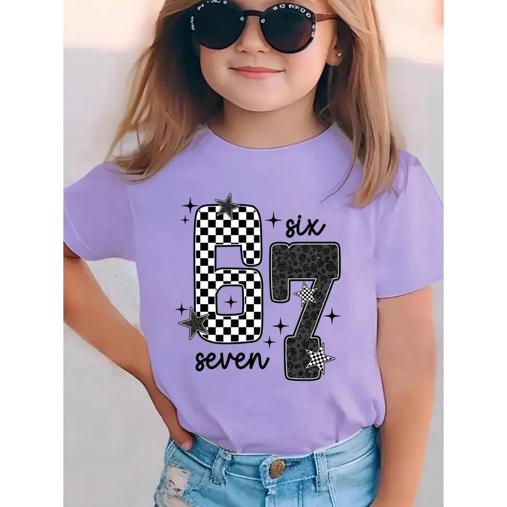 Tricou Fete cu Imprimeu Număr 67 Mânecă Scurtă Gât Rotund Top Casual Tricouri Vară Confortabil Modă Îmbrăcăminte Copii