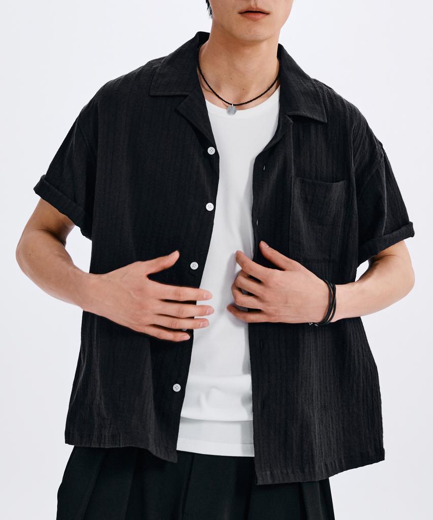 TAKEASY Crinkle Open Collar Half Shirt (Black)