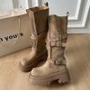 New knee locomotive boots for women without small boots for women but fashion belt buckle platform boots knight