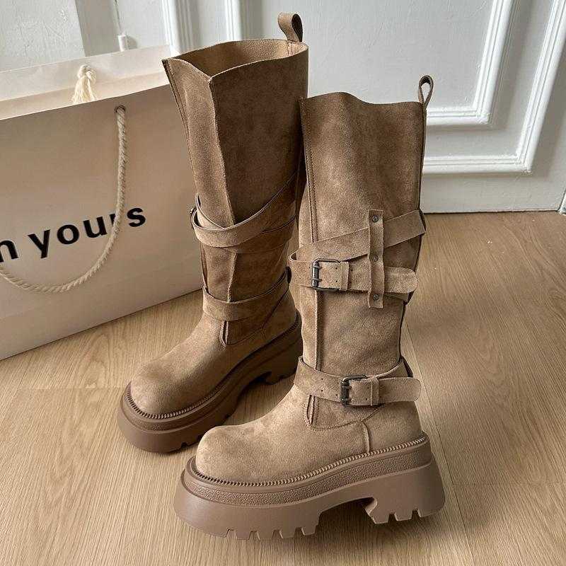 New knee locomotive boots for women without small boots for women but fashion belt buckle platform boots knight