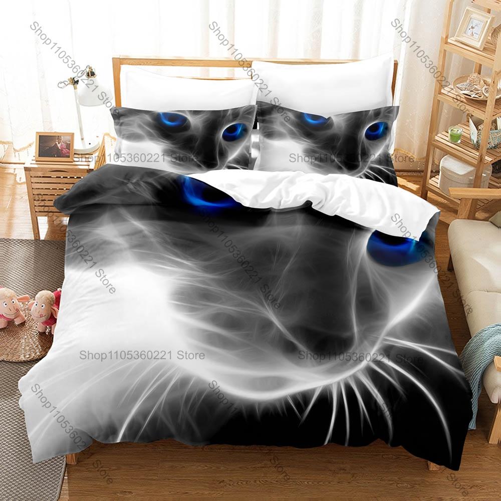 Vintage Sketch Artistic Cat Pattern Duvet Cover + 2 Pillowcases Soft Microfiber Cute Animal Themed Room Bedding