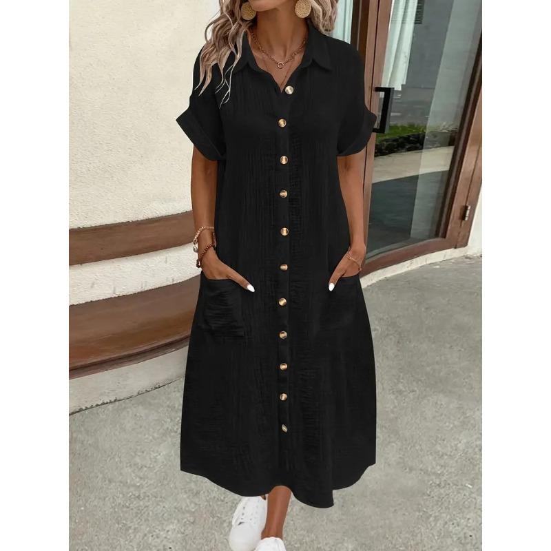 Wish summer solid color simple collar button long dress women's clothing