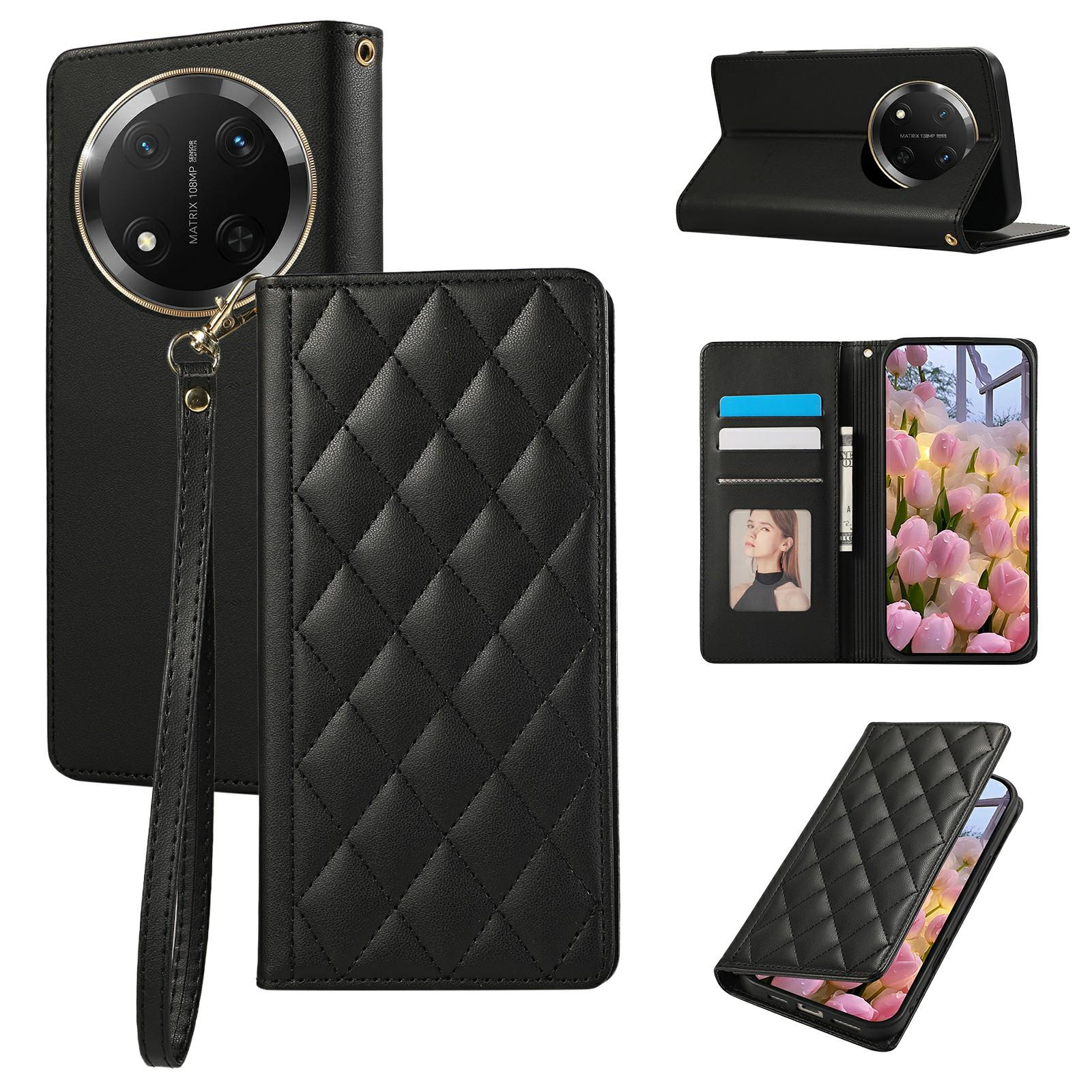 

Phone Case For Honor X60 Pro 5G/X9c 5G/Magic7 Lite 5G RFID Blocking Wallet Stand Rhombus Leather Cover with Wrist Strap Black