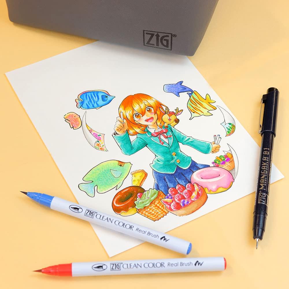 Kuretake Brush Pen Set: Clean Color Real Brush + MANGAKA with Pouch RBCN160/39V