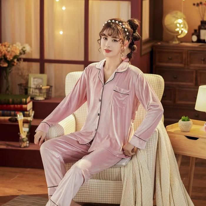 [Golden Velvet] Women's Plush Coral Fleece Pajama Set - Red, Warm for Autumn & Winter