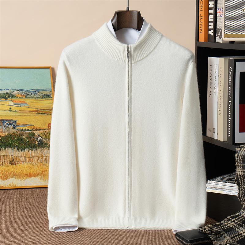 Cashmere sweater cardigan half turtleneck seven-needle double strand thickened sweater double zipper jacket S