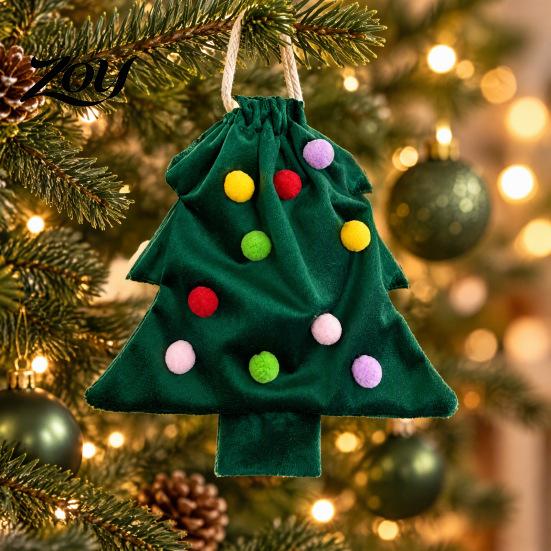 Cute Fur Ball Bell Ornaments Christmas Tree Drawstring Gift Bag, Plush Pom Hanging Reusable Xmas Decorations Ornament, Candy Pouch Decor for