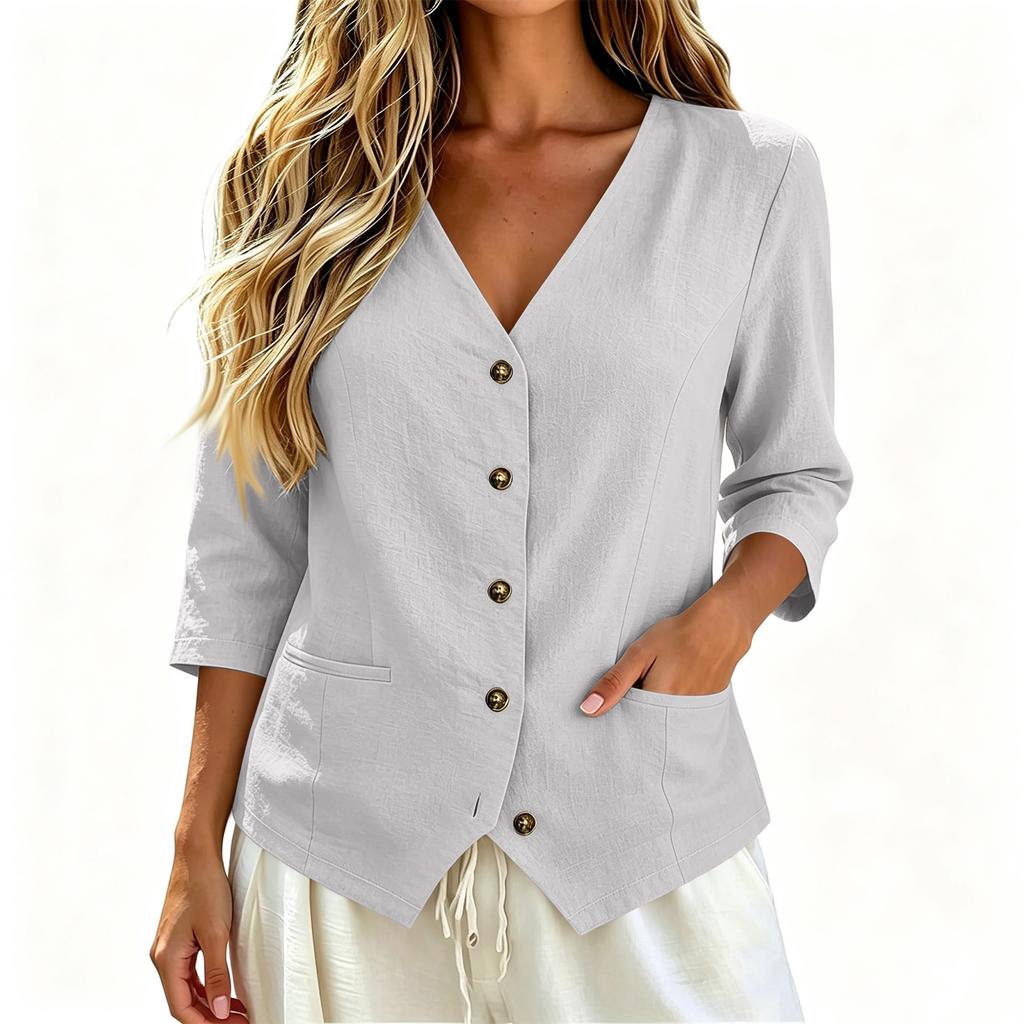 Women's Casual Linen Shirt with Three-Quarter Sleeves Button Down Loose Fit Top with Pockets