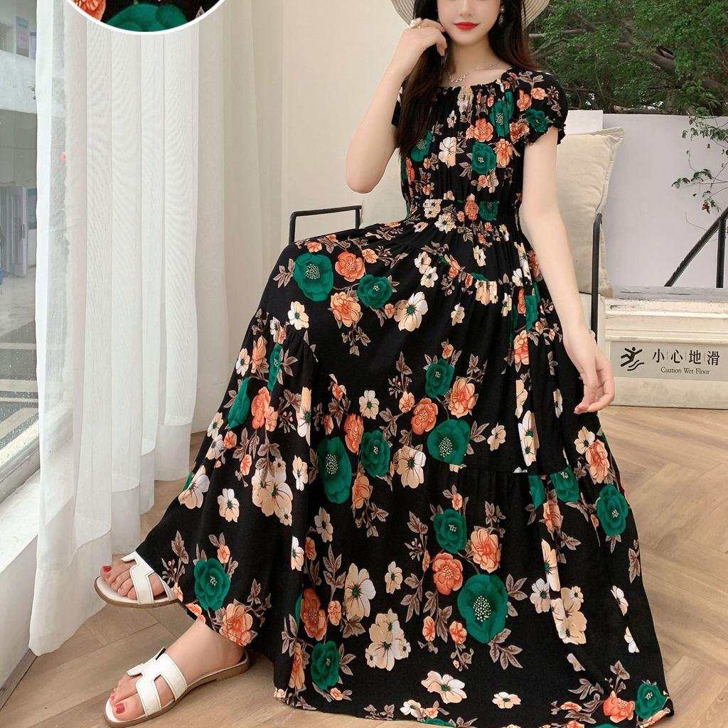 2024 Women's Beach Dress Short Sleeve Floral Dress Cotton Travel Vacation Bohemian Skirt Summer Halter
