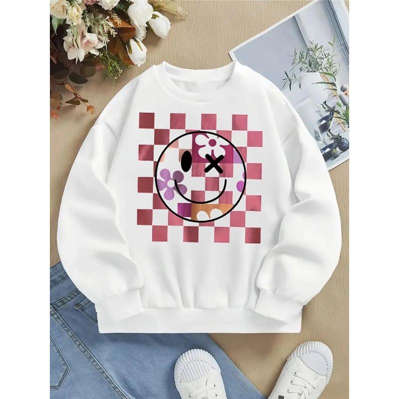 Kids Sweatshirt Pink Checkered Flower Design Girls' Fashionable crewneck sweatshirt, autumn and winter Western style top, children's long sleeved