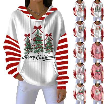 Women's Loose And Comfortable Drawstring V-neck Long Sleeved Christmas Print Hoodie