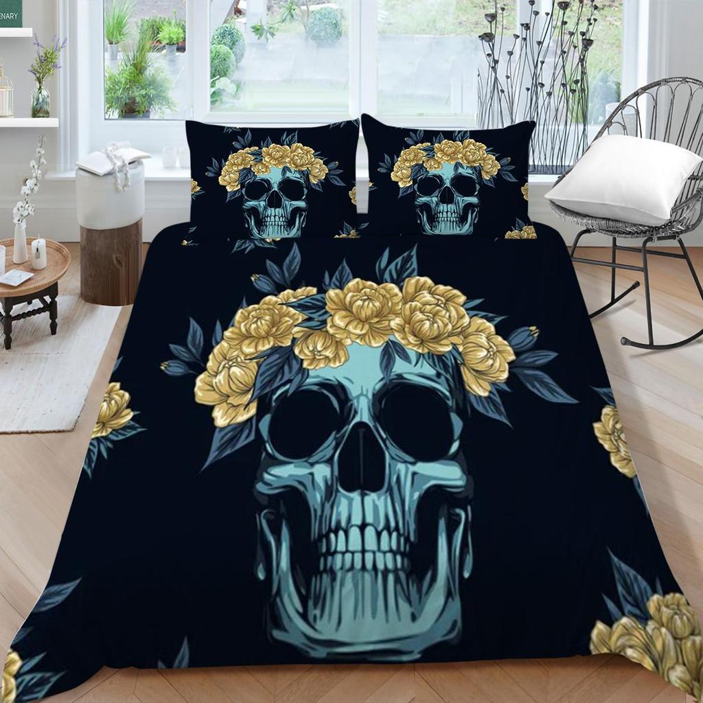 Bettbezug-Set mit Totenkopf-Druck, für King-Size-Bett, Doppelbett, Heimtextilien, modische Bettwäsche, Anzug, Bettbezüge, einzigartiges Design