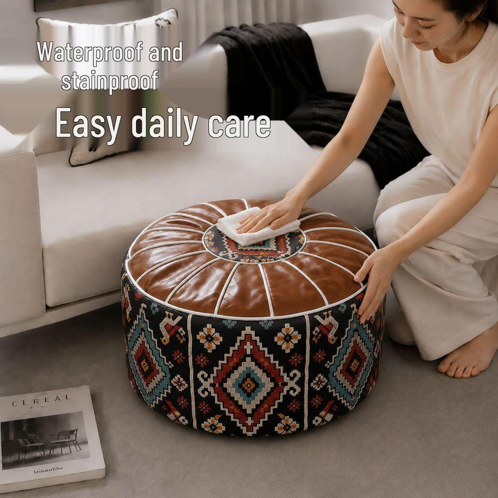 Retro Ethnic Leather Storage Footstool: Round, Multifunctional Shoe Changing Stool for Living Room