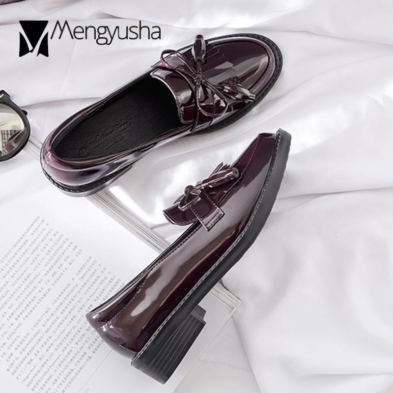 

Женские мокасины из лакированной кожи с бахромой, эспадрильи на толстом каблуке, размер 34-40, балетки, студенческие, с бантом и кисточками, небольшие кожаные туфли, женские, 2024 г. 4.5 вино красного