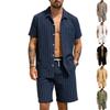Men's Casual Striped Linen Polo Shorts Set - European/American Two-Piece