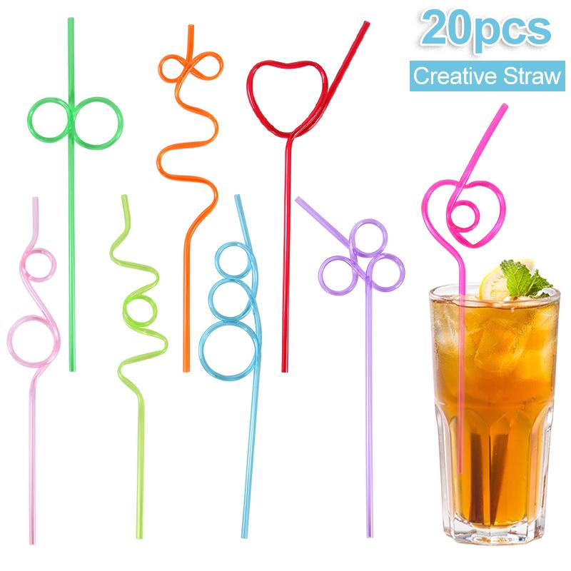 20pcs Colorful Reusable Drinking Straws Hard Plastic Silly Curly Crazy Gift Straw for kids Birthday Party Decoration Accessories